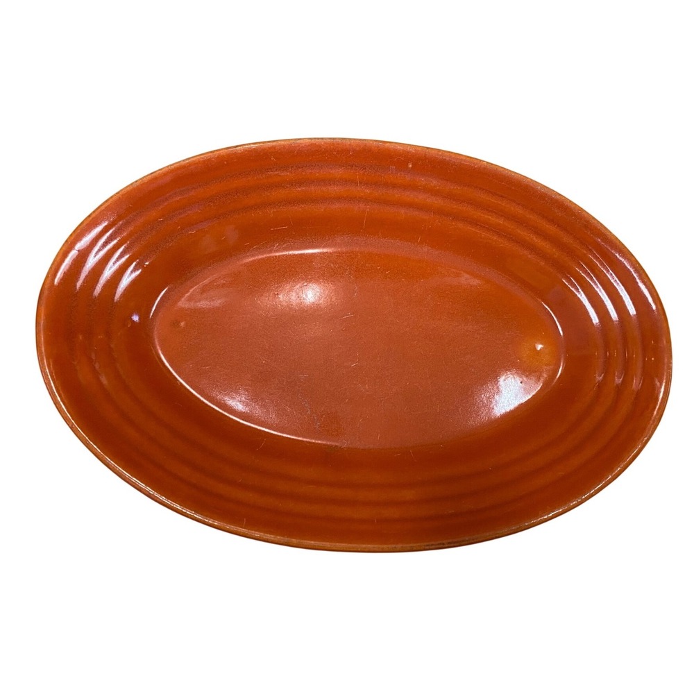 Bauer Pottery Los Angeles Burnt Orange Ringed Oval Platter Serving Dish Vintage